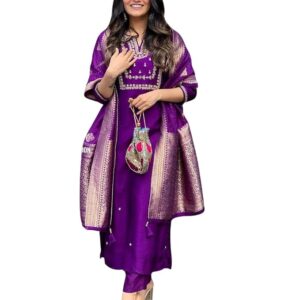 Women's and Girls Wear Roman Silk Embroidered Work A-Line Kurta, Pant and Dupatta Set