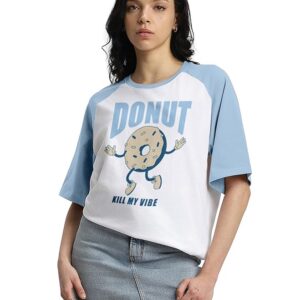 JUNEBERRY® 100% Pure Cotton Oversized Fit Drop Shoulder Graphic Printed Raglan Sleeves  T-Shirt for Women (Sizes: S to 2XL)