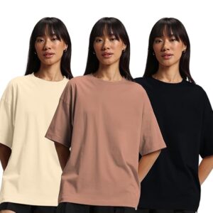 JUNEBERRY® 100% Pure Cotton Drop Shoulder Oversized Baggy Fit Half Sleeve Plain Solid Round Neck Multicolor T-Shirt Combo for Women & Girls (Pack of 3) (Sizes S-2XL)