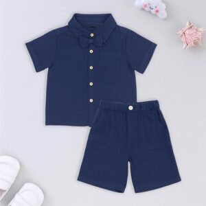 Kidbea® 100% Linen Shirt & Pant Co-ord Set for Kids | Elegant & Comfortable Summer Wear | Stylish Short-Sleeve Shirt with Bow & Comfy Shorts