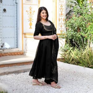 GoSriKi Women's Rayon Viscose Embroidered Anarkali Kurta with Pant & Dupatta